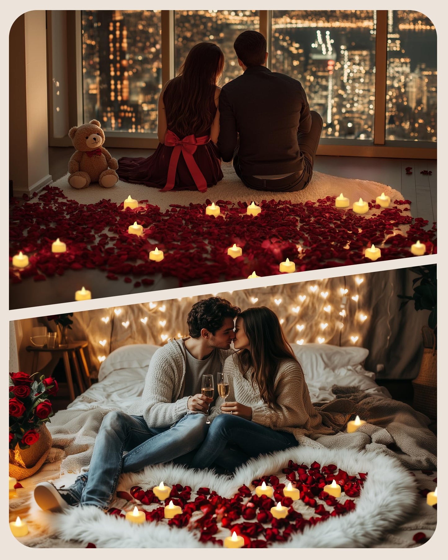 Amagic 2000 Pieces Artificial Rose Petals with 24 Heart LED Tea Lights Candles Kit, Rose Petals and Candles Set for Proposal, Anniversary, Special Romantic Night, Wedding Table Decor, Birthday