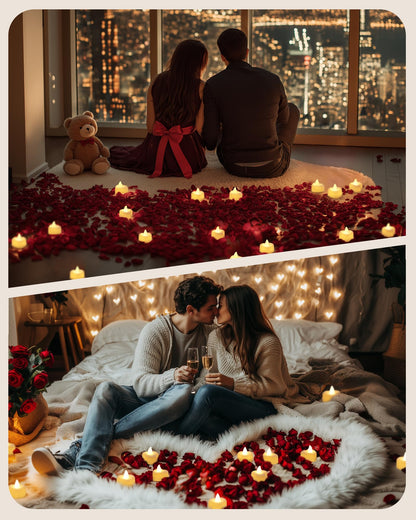 Amagic 4000 Pieces Artificial Rose Petals with 50 Heart LED Tea Lights Candles Kit, Rose Petals and Candles Set for Proposal, Anniversary, Special Romantic Night, Wedding Table Decor