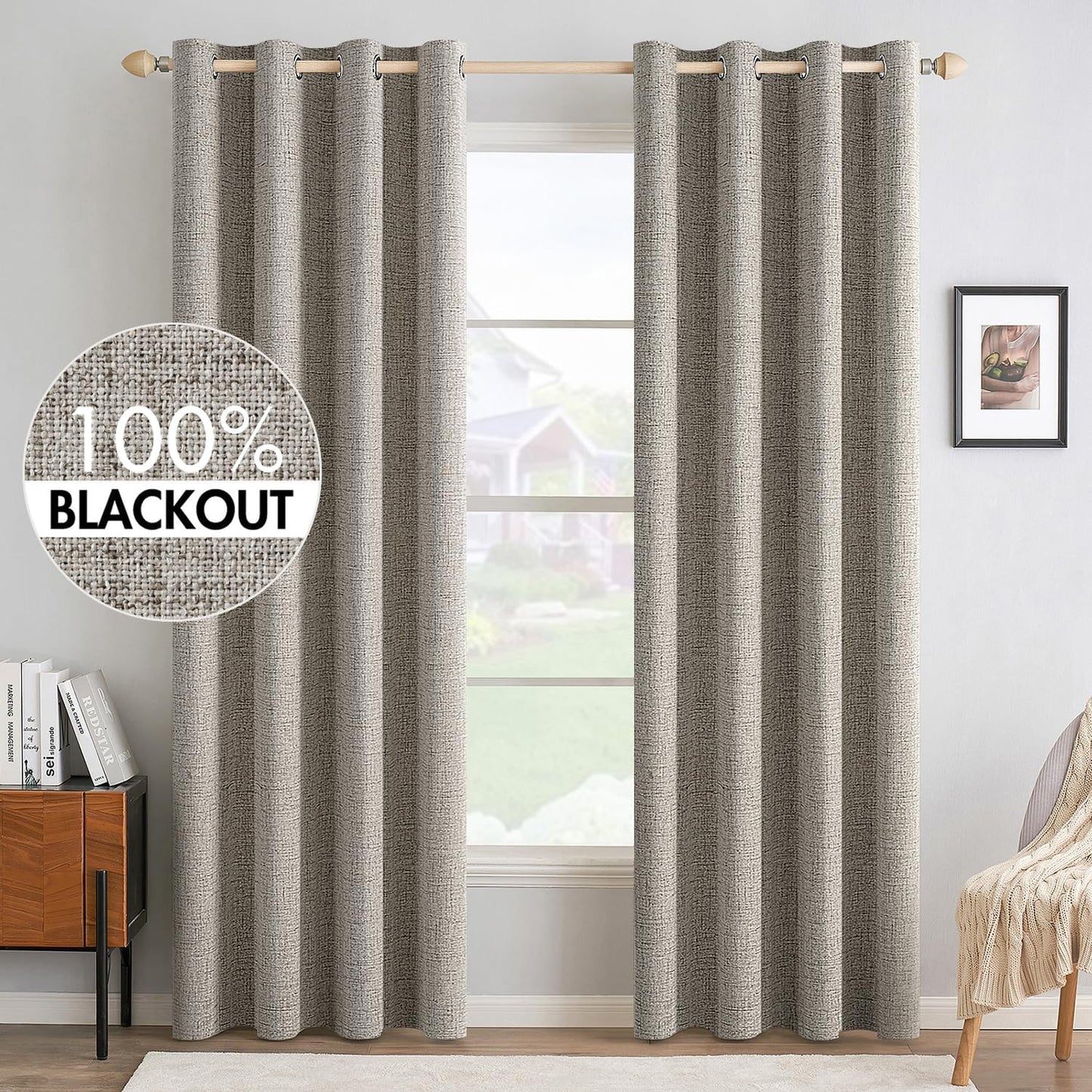 MIULEE Blackout Linen Curtains - 100% Thermal Insulated Greige Drapes | Room Darkening 52x84 Inch (2 Panels)