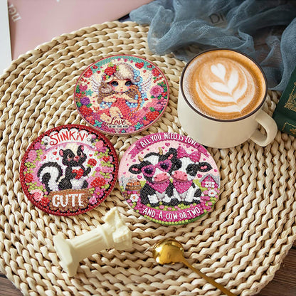 NEGEKFKX 8 Pcs Valentine's Day Diamond Art Painting Coasters Kits, Coaster with Holder for Adults, Non-Slip DIY Dot Paint Craft Kits,5D Full Drill DIY Diamond Dot Gem Art Kit Home Decor Arts Craft