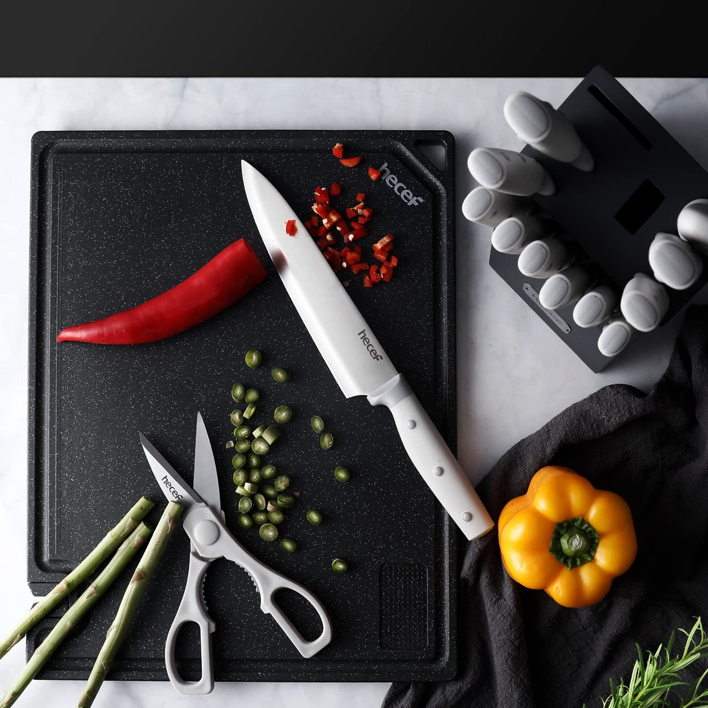 hecef Kitchen Knife Block Set, 14 Pieces Knife Set with Wooden Block & Sharpener Steel & All-purpose Scissors, High Carbon Stainless Steel Cutlery Set (Yellow)