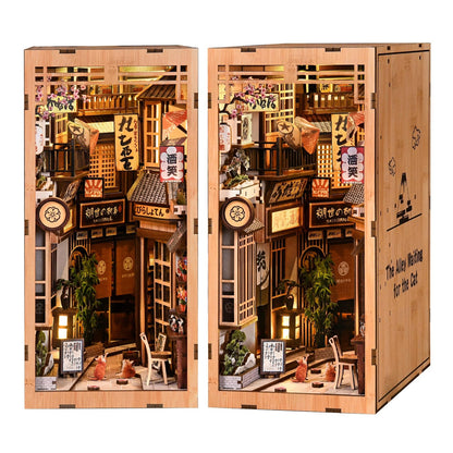 Reenovan Book Nook Kit, DIY Miniature House Kit for Adults & Teens, Japanese Alley Scene Bookshelf Insert Decor with LED, 3D Wooden Puzzle Gift for Book Lovers (Cat Alley)