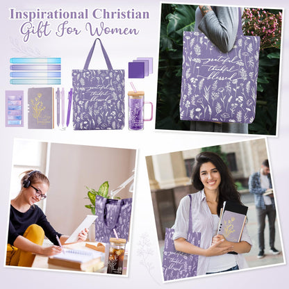 Reallnaive 14 Pcs Christian Gifts for Women Church Bible Journaling Study Kit 16oz Glass Cup Canvas Bag A6 Leather Notebook Highlighter Pen Sticky Note Sticker Fathers Day Sunday Shool Gift(Purple)