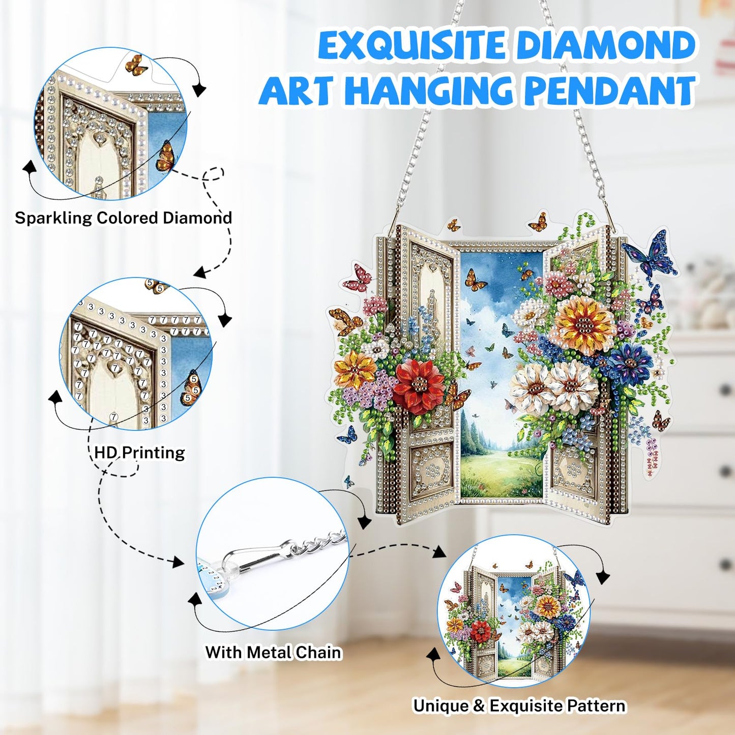 Bowetile Garden Scene Diamond Art Hanging Kits for Adults, Diamond Art Suncatchers Enchanted Flower Door, 5D Special Shape Diamond Painting Pendant Window Ornament Gifts for Home Wall Decor