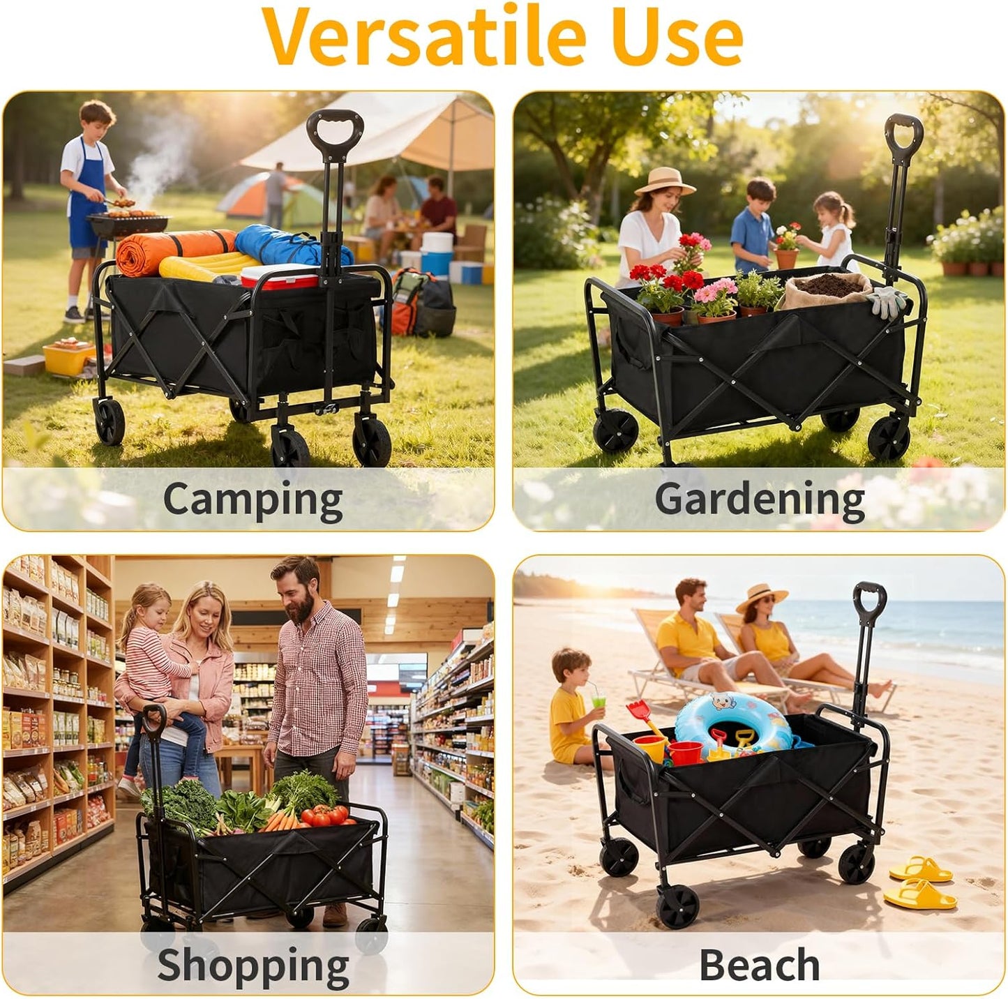 220 LBS Collapsible Folding Wagon Cart with Wheels, Capacity, Lightweight Portable Utility Cart with Flexible Handle