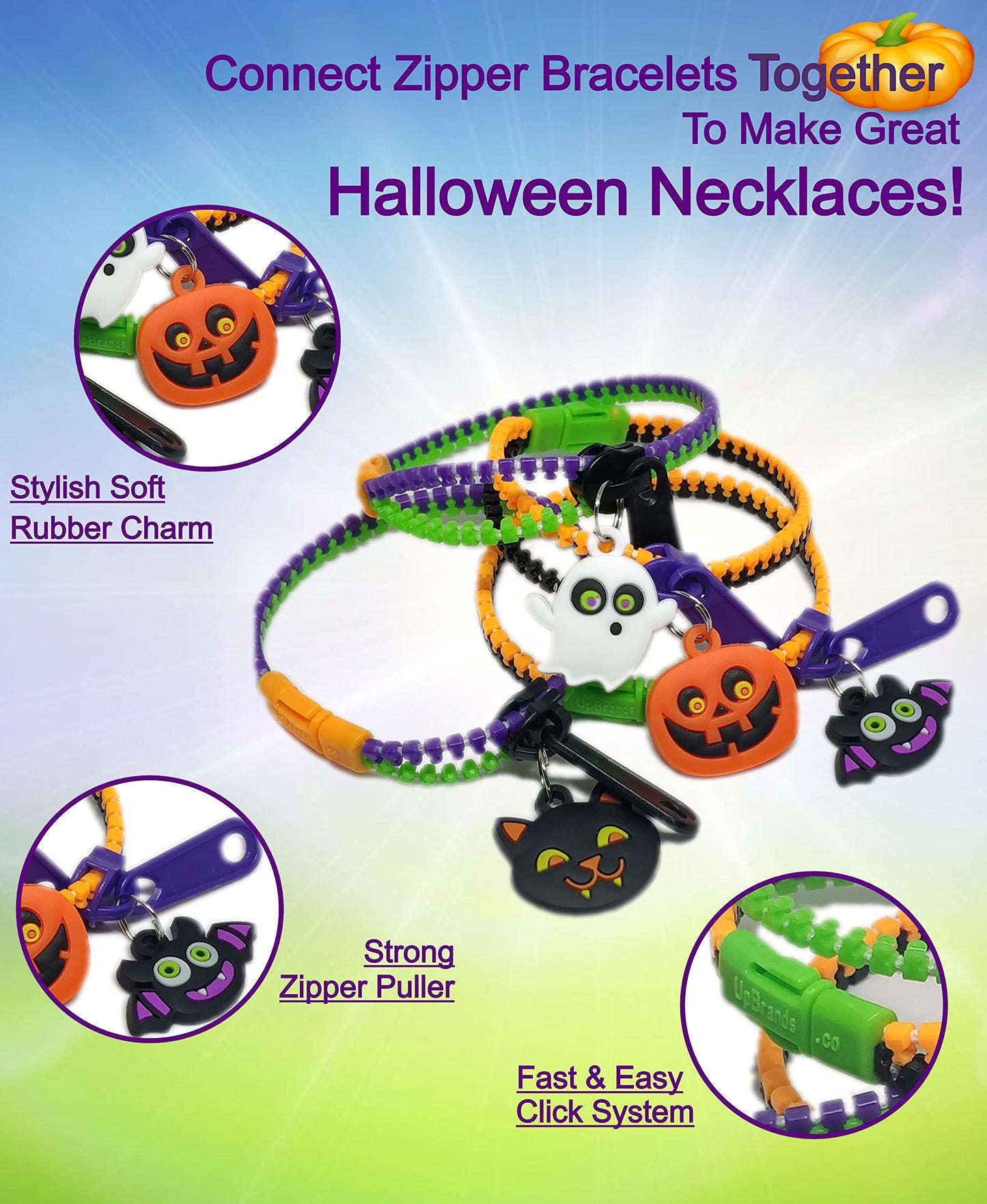 UpBrands 48-Pack Halloween Fidget Bracelets for Kids – Bulk Zipper Toys, Goodie Bag Fillers, Classroom Prizes, Halloween Party Favor Treats