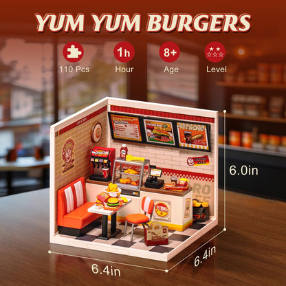 ROBOTIME Miniature House Kit DIY Plastic House Building Toy Set with LED Tiny Store Making Kit Model Craft Hobby Unique Gift (Yum Yum Burgers)
