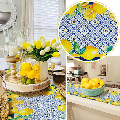 13x72 Inch Capri Blue Lemon Table Runner Italy Tile Burlap Artificial Yellow Lemon Fruit Table Runners Farmhouse Coffee