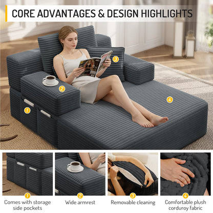 48.5" Boneless Chaise Lounge Chair Sofa Bed Indoor with Zip-Down Convertible Armrests & Backrest, Oversized Cloud Upholstered Compression Sleeper Couch Reading Chairs w/Side Pockets