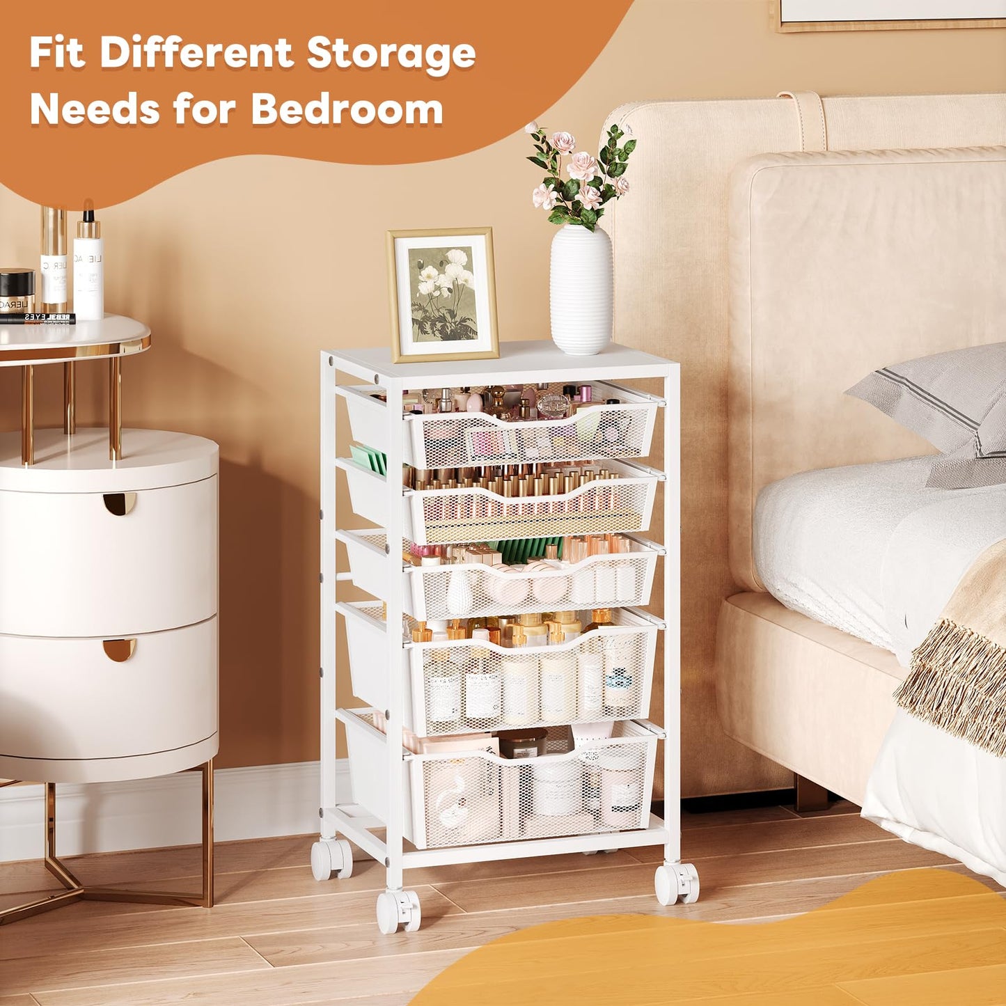 Sbanmao Rolling Storage Cart with 5 Drawers, Metal Utility Cart with Lockable Wheels, Craft Storage Art Cart, Rolling Drawer Cart for Living Room, Bedroom, Bathroom, Office, Home, White