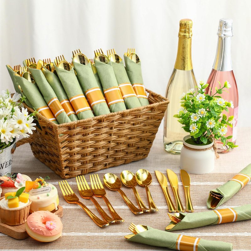 Zubebe 100 Pack Pre Rolled Silverware Set Disposable Wrapped Plastic Cutlery Set with Napkin Disposable Utensils Includes Forks Knives Spoons Napkins Wrapped for Party Dinners Wedding(Gold, Green)