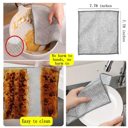 Double layer metal wire scratch free cloth, dry and wet dual-purpose metal wire dishwashing cloth, suitable for kitchen cleaning, cookware, tableware, sink, stove, etc., easy to rinse (10 pieces)