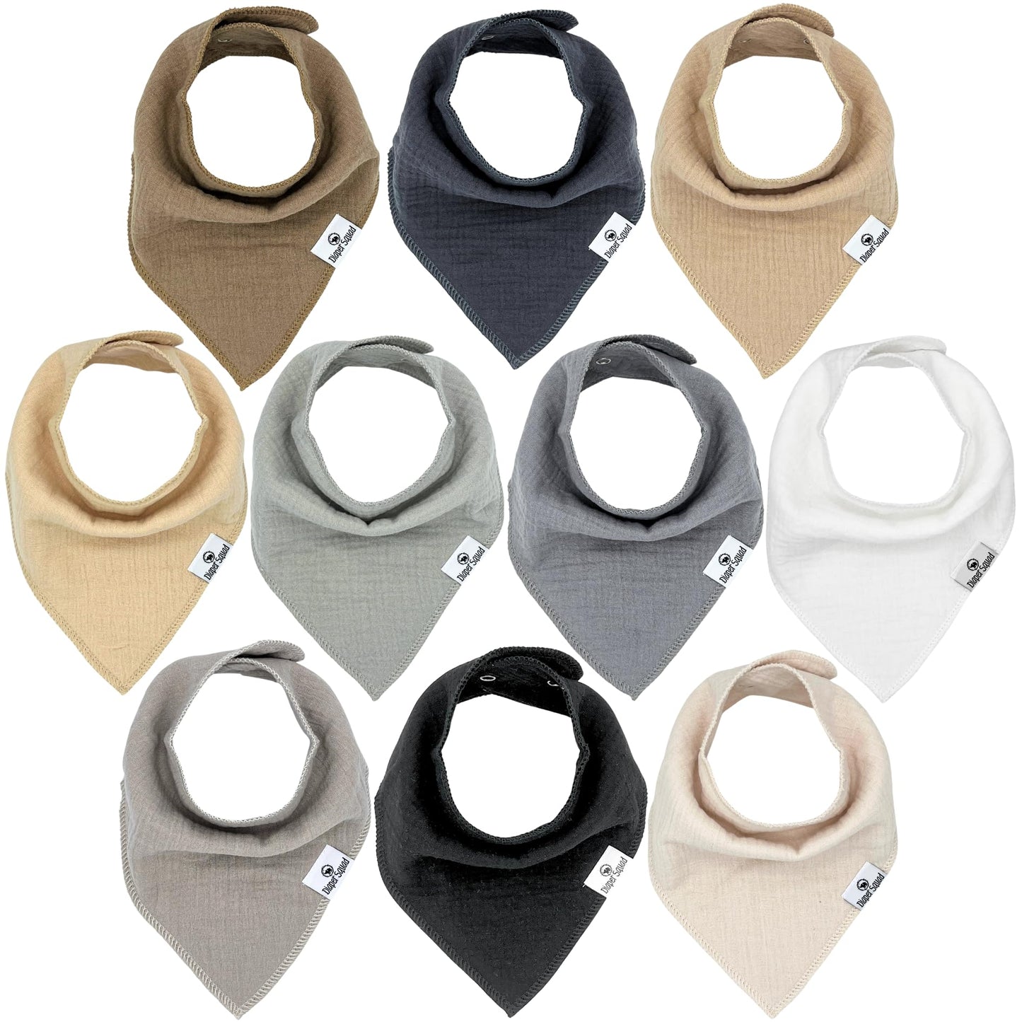 DiaperSquad's 10-Pack Baby Bibs for Drooling and Teething, Bibs for Boys, Baby Girl - Solid Cotton Baby Drool Bibs (Neutral - 100% Muslin)
