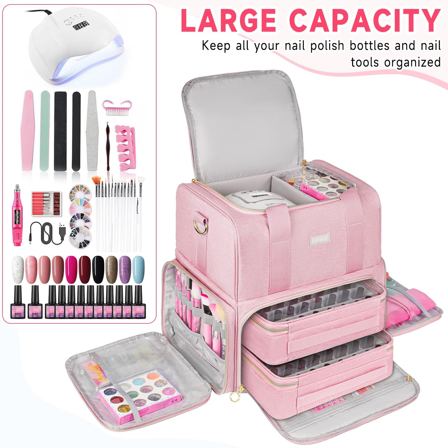 Nail Polish Organizer Holds 80 Bottles and a Nail Lamp,Nail Polish Carrying Case with 2 Removable Bags,Nail Organizers and Storage for Nail Tech,Portable Nail Polish Holder for Nail Supplies,Pink
