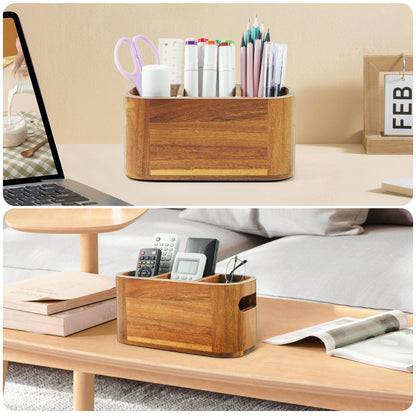 SWKHDKX Acacia Pencil Pen Holder for Desk, Wooden Office Organizer with 3 Slots for Countertop, Makeup Brush Holder Remote Control Organizer for School Home Supplies