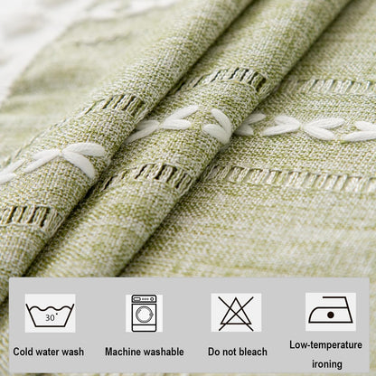 24 Inch Rustic Linen Bedside Round Small Tablecloth Striped Embroidered Washable Sage Green Table Cover Farmhouse