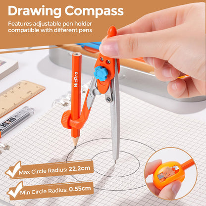 Nicpro 17 PCS Compass Geometry Set for Students, Drafting Tools Math Protractor Compass with Rulers, Mechanical Pencil, Square Set, Box of Protractors Kit for Class Supplies, Back to School Supplies