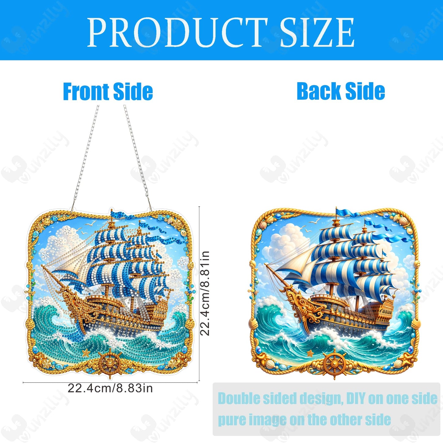Yunzlly DIY Hanging Diamond Art Pendant Kit, Special Crystal Double Sided Diamonds Painting Ornament Kit for Adults, Acrylic Gem Painting Board for Window&Door&Wall (Sea Sailboat)