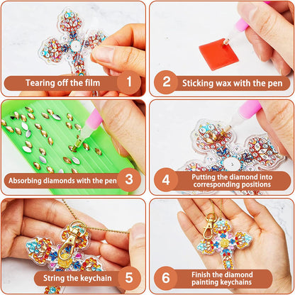 YUE ZHE 16PCS Cross Diamond Art Kits for Adults Double Sided Easter Diamond Art Keychains Cross Shaped DIY 5D Easter Diamond Painting Keychains Kits for Adults Beginners DIY Crafts