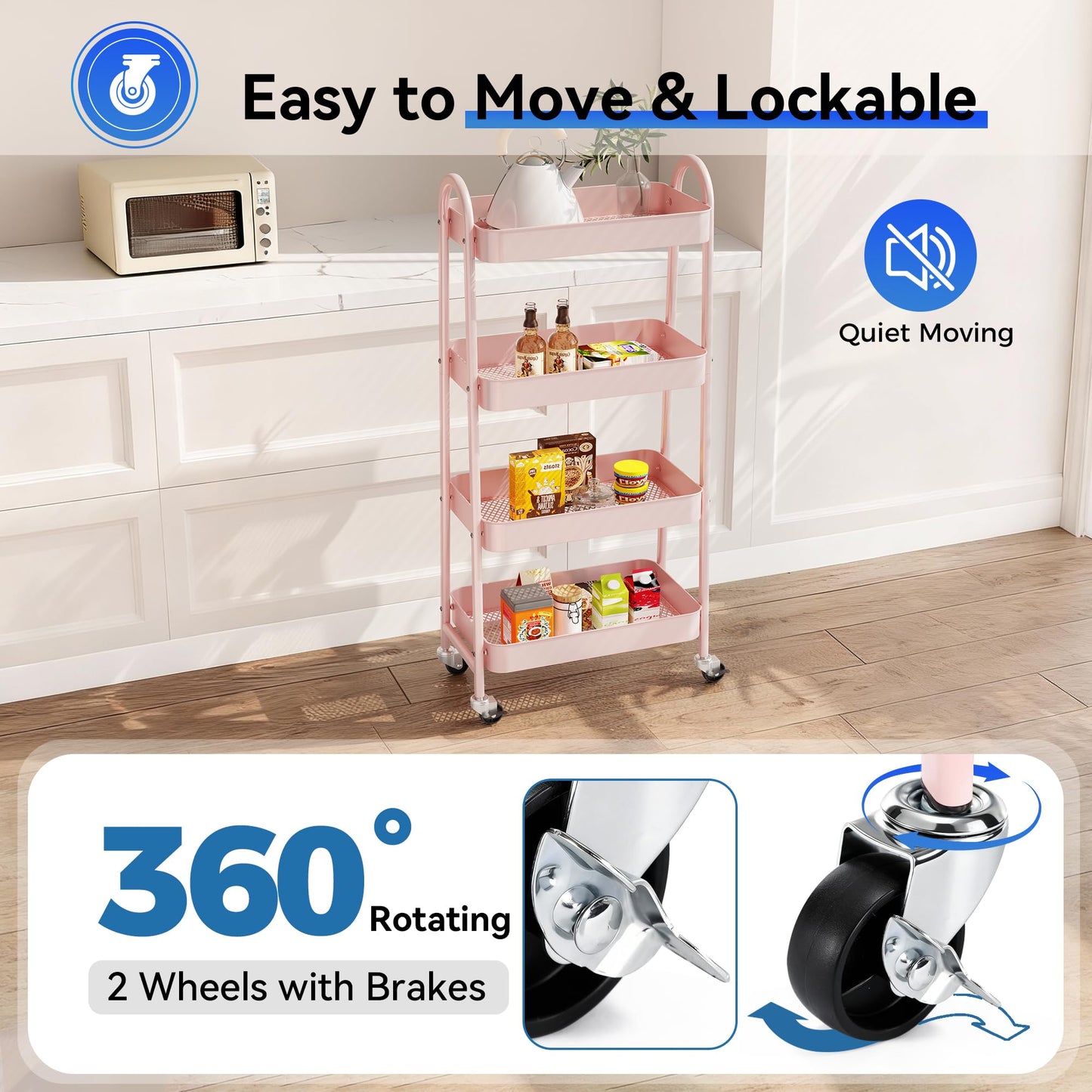 NEWBULIG 4-Tier Metal Rolling Cart with Lockable Wheels, Heavy Duty Mobile Utility Storage Shelf, Roller Book Snack Cart, Organization for Livingroom, Bathroom, Office, Pink