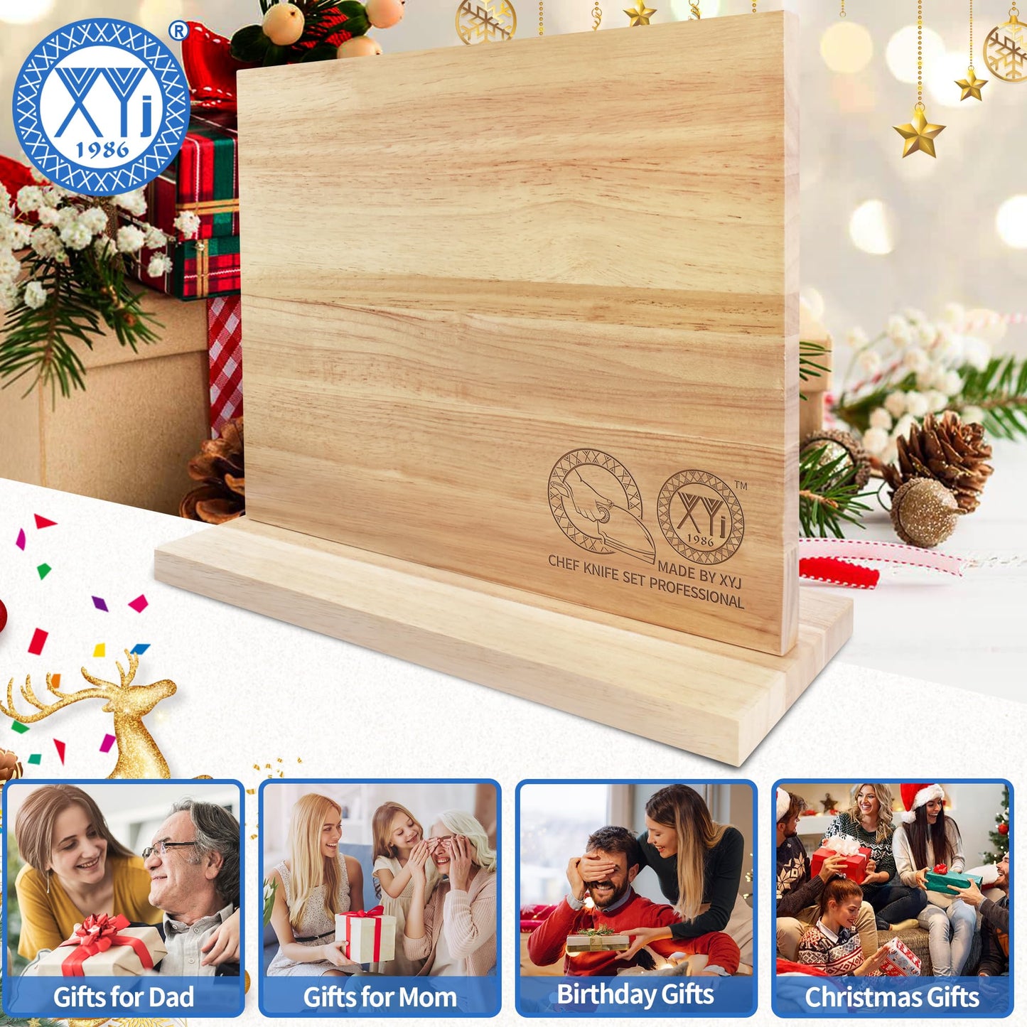 XYJ Authentic Since 1986, Magnetic Knife Block, Double Side Kitchen Knife Stand, Acacia Wood, Magnetic Knife Holder with Strong Enhanced Magnets,Knives Storage Rack Stand for Home Kitchen