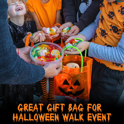Sweetude 24 Packs Halloween Plastic Pumpkin Bags with Handles Halloween Jack O Lantern Pumpkin Party Gift Handles Bags Candy Favors, 6 x 6.3 Inch