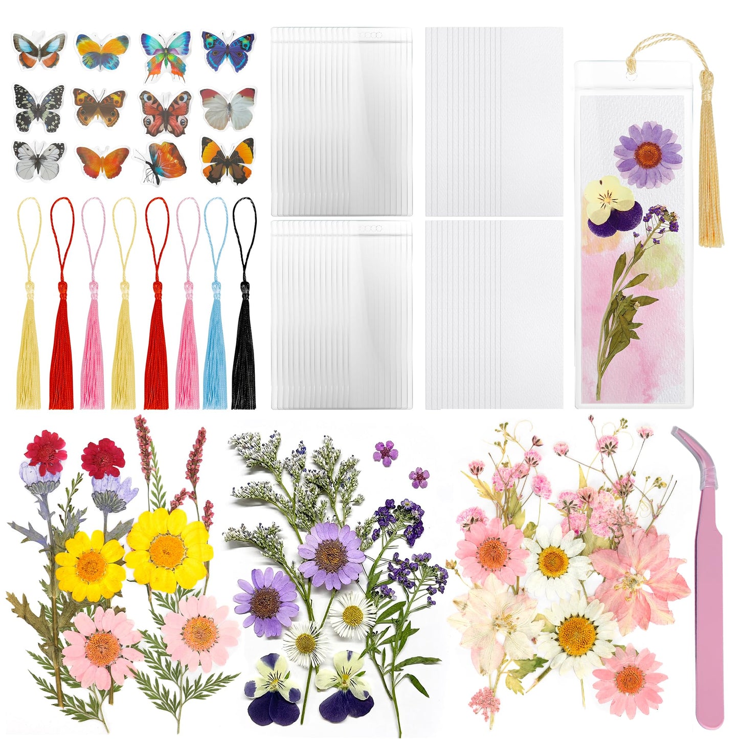 DIY Bookmark Making Kit – 30 Sets with Blank Watercolor Bookmarks, Pressed Flowers, Butterfly Stickers, Tassels, Sleeves & Tweezer – Fun Craft Kit for Painting, Unique Gifts, Book Lovers