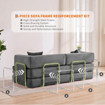 IDEALHOUSE Convertible Sofa Bed 5-in-1, 78.8 Inch Folding Futon Couch with Pull Out Bed, Corduroy Upholstered No-Assembly Loveseat Sleeper for Living Room, Bedroom, Lounge, Grey