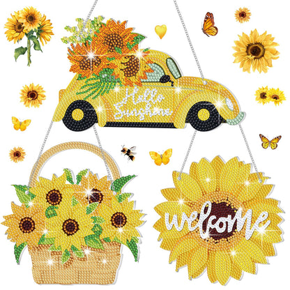 Menkxi 3 Pcs Sunflower Theme Diamond Hanging Kit for Adult DIY Sunflower Painting Diamond Art Flower Crystal Rhinestone Welcome Spring Door Sign Window Wall Hanging Kit Ornament Home Window Decor Gift