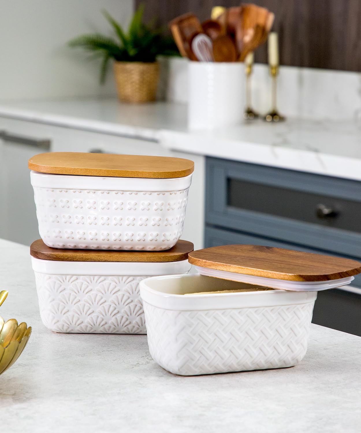 Countertop, Nucookery Ceramic Butter Dish, Embossed Butter Keeper with Wood Lid for Butter Holder and Container