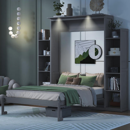 Merax Full Size Murphy Bed with 2 Five-Layer Cabinet, Modern Wall Bed with Shelves and LED Lights, Foldable Wood Platform Bed Folded into Cabinet for Guest Room, Home and Office, Grey