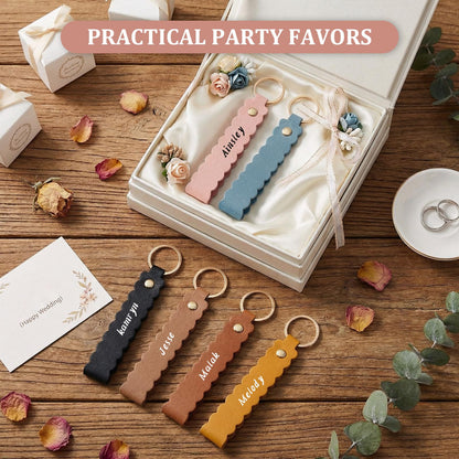 Wavyknot 50 Pcs Scalloped PU Leather Keychain Wave-edged Blanks Laser Engraving Blanks Loop Keychain Kit Bulk with Key Rings 5.51" x 0.79" for DIY Key Chains Craft, Anniversary, Birthday Gift