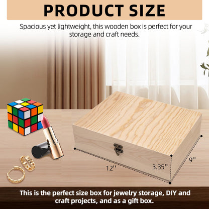 VIKOS Products Unfinished Wooden Box with Hinged Lid for Crafts DIY Storage Jewelry Pine Box - 12" x 9" x 3.35"