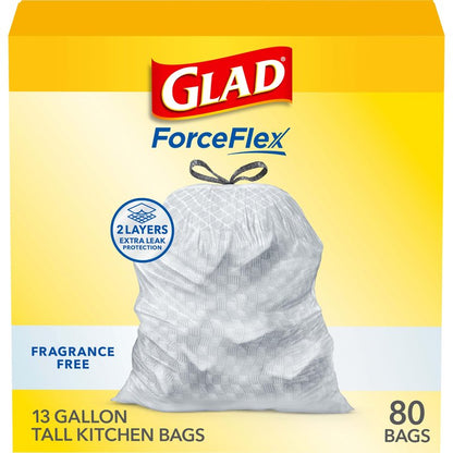 Glad ForceFlex Tall Kitchen Drawstring Trash Bags, 13 Gal, Fragrance Free, 80 Ct (Package May Vary)
