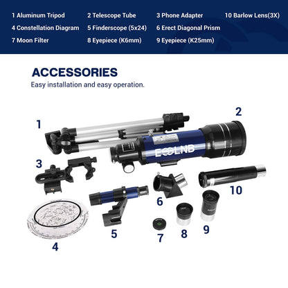 ESSLNB Telescope for Adults, 70mm Aperture Refractor Telescopes (15X-180X) for Astronomy Beginners, Portable Travel Telescope with Phone Adapter & Adjustable Tripod