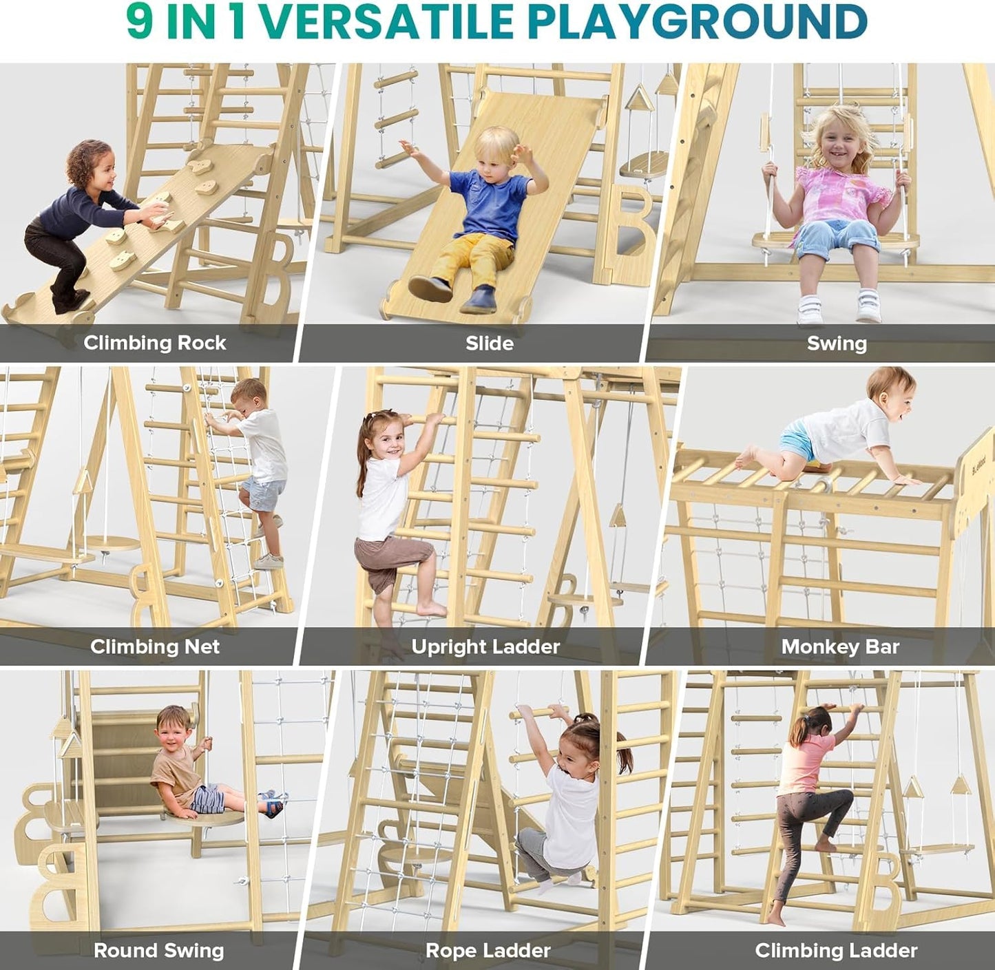 BlueWood Upgraded Indoor Jungle Gym 9-in-1 Playground Kids Climbing Toys, Waldorf Style Wooden Climber Playset with Slide, Swing, Monkey Bars, Upright/Rope Ladder, Climb Net, Natural Wood Color
