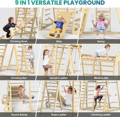 BlueWood Upgraded Indoor Jungle Gym 9-in-1 Playground Kids Climbing Toys, Waldorf Style Wooden Climber Playset with Slide, Swing, Monkey Bars, Upright/Rope Ladder, Climb Net, Natural Wood Color