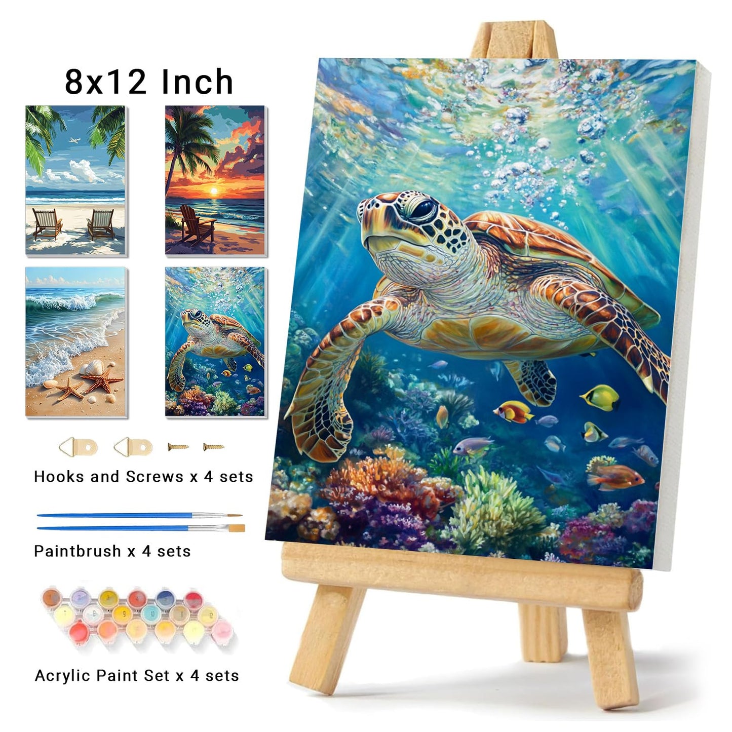 4 Pack Framed Paint By Numbers Kit for Adults Beginner Beach Adult Paint By Number Kits on Canvas Sea Turtle Painting By Numbers for Adults with Frame Diy Painting Kits for Home Wall Art 8x12 Inch