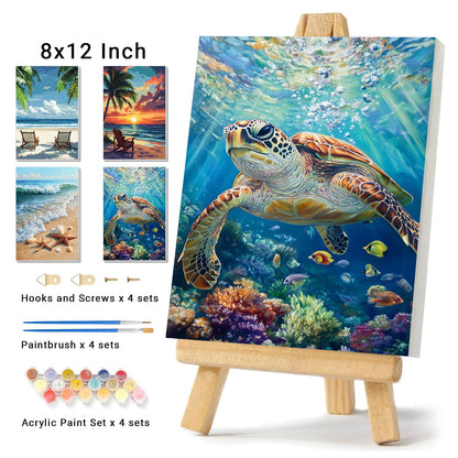 4 Pack Framed Paint By Numbers Kit for Adults Beginner Beach Adult Paint By Number Kits on Canvas Sea Turtle Painting By Numbers for Adults with Frame Diy Painting Kits for Home Wall Art 8x12 Inch