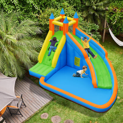 Costzon Inflatable Water Slide, Giant Bouncy Waterslide Park for Kids Backyard Outdoor Fun w/ 950w Blower, Climbing, Splash Pool, 2-pcs, Blow up Water Slides Inflatables for Kids Party Gift