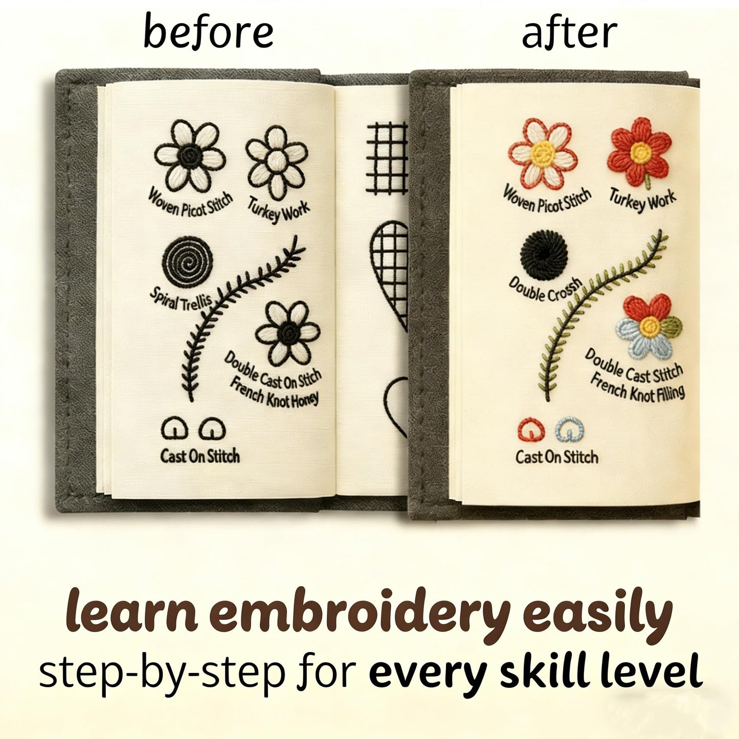 New DIY Embroidery Stitch Book Kit,86-Piece Sewing Tool Set,with 106 Illustrated Stitches,Step-by-Step Tutorials,Perfect Gift for Craft Lovers & Cross Stitch Enthusiasts