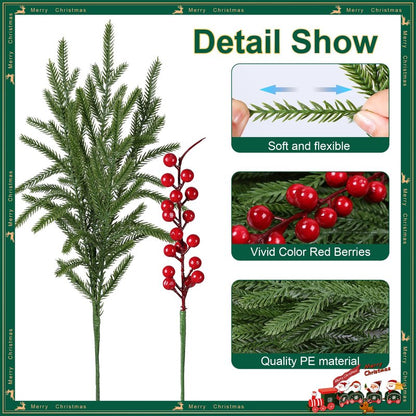 florisso Artificial Faux Christmas Norfolk Pine Stems Branches for Vases,12 Bundles Fake Evergreen Real Touch Greenery Stem with 3 PCS Red Berry Branches for Xmas Holiday Winter Table Indoor Decor