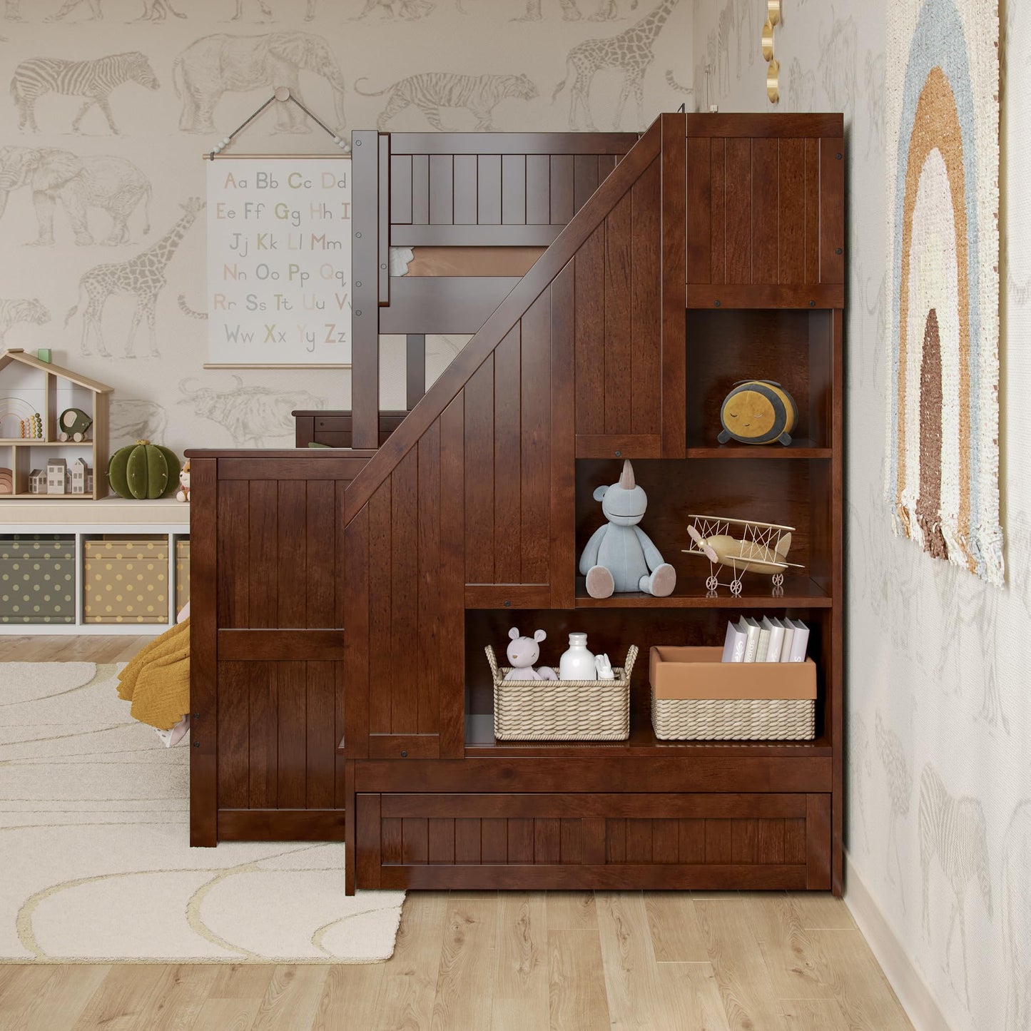 AFI, Dover Twin Over Full Staircase Bunk Bed with Storage Drawer and Twin Trundle, Walnut
