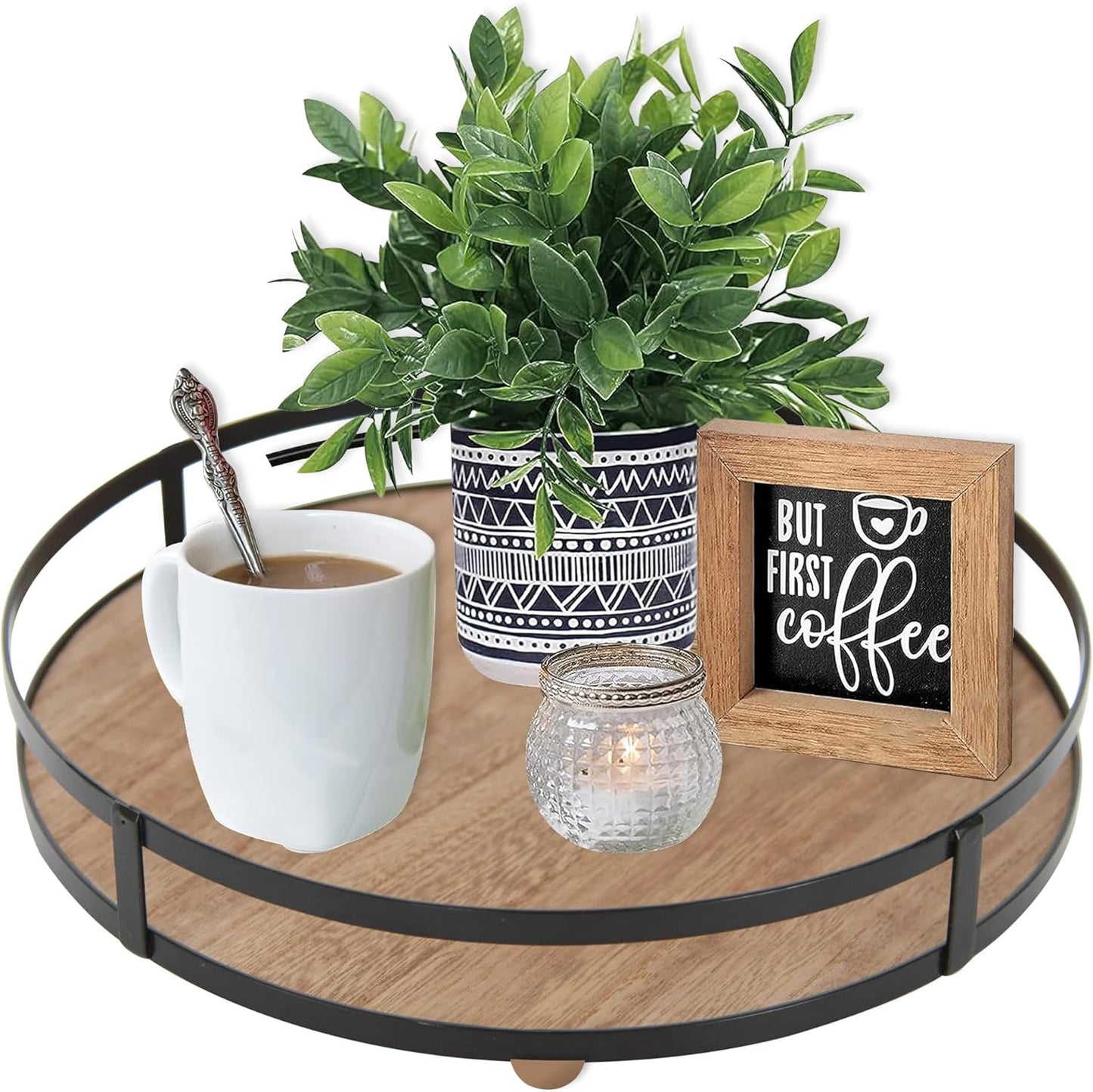 12in Defined Deco Decorative Tray-Round Serving Tray with Metal Handle-Decorative Trays for Home Decor,Living Room