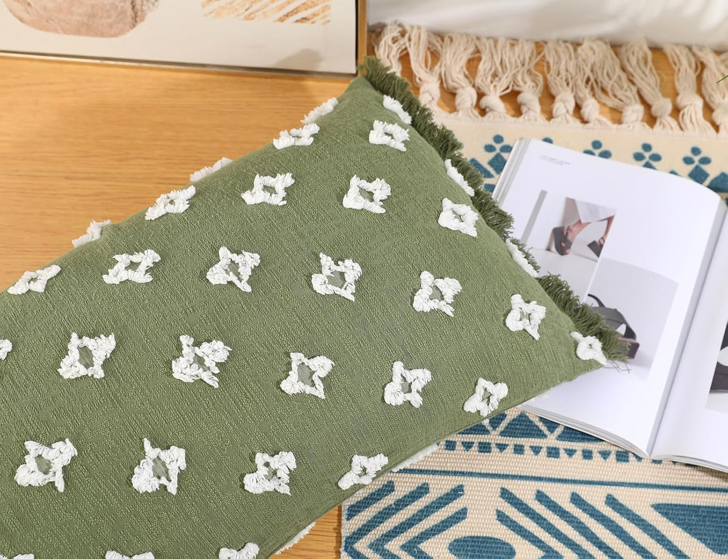 12x24 Tassel,3D Boho Long Lumbar Pillow Cover with Flower Patterned Cotton Decorative Long Lumbar Pillow Cover Pillow
