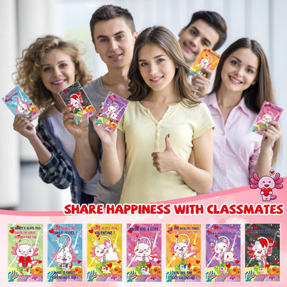 HyDren 28 Sets Valentine Axolotl Gifts for Kids Axolotl Keychains with Cards Gift for Valentine School Classroom Exchange Party Favors(Clear,Light Color)