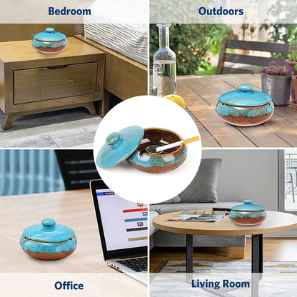 RONXS Outdoor Ashtray with Lid | Windproof Handmade Ceramic Ashtray for Patio, Home Office Indoor Decoration
