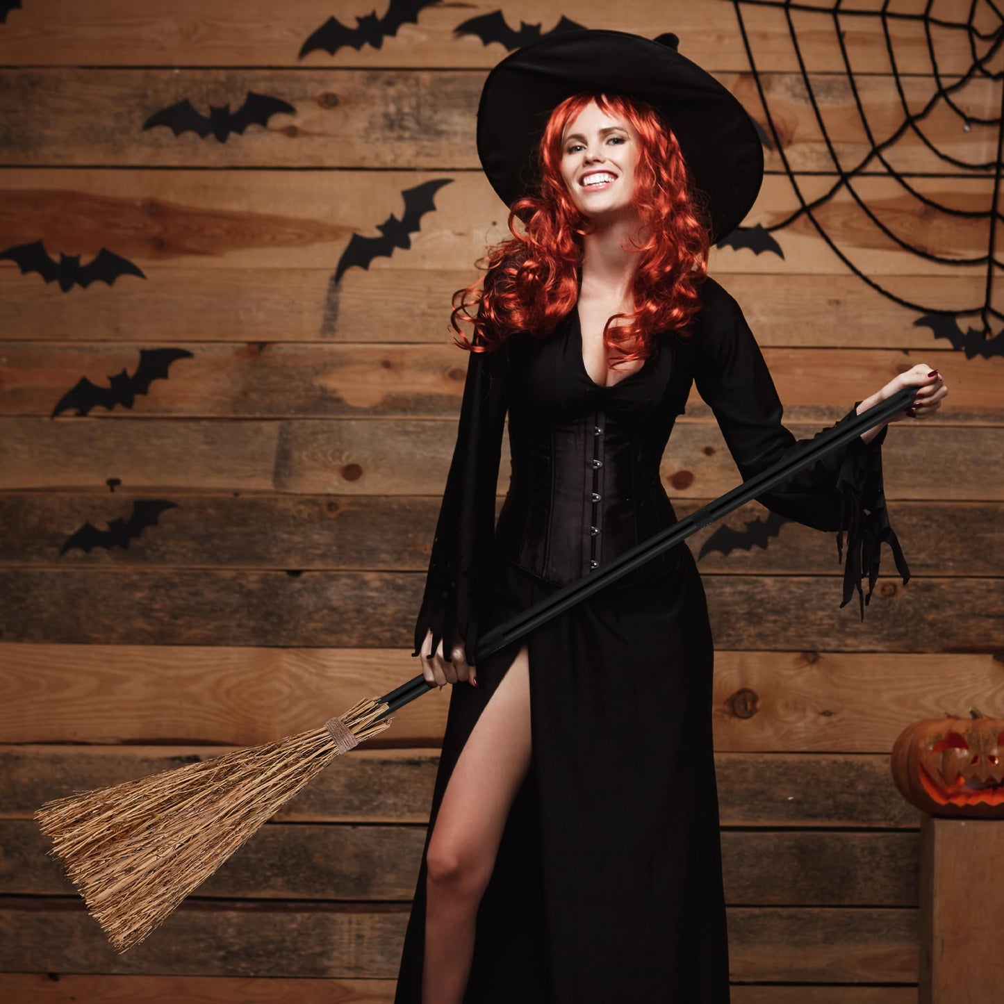 ADXCO 12 Pieces Halloween Costume Accessories Set with 6 Halloween Retractable Witch Broom and 6 Cosplay Witch Hats Decorations Straw Bamboo Witch Broomstick Plastic Broom Props for Party Decoration