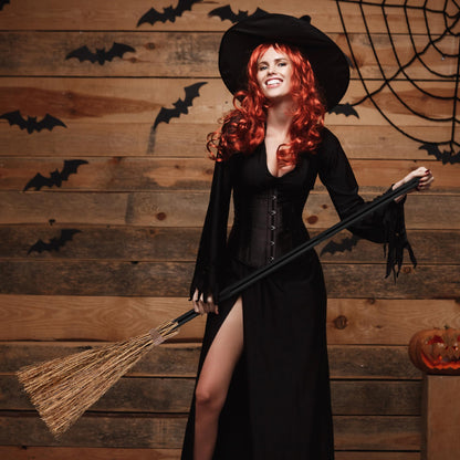 ADXCO 12 Pieces Halloween Costume Accessories Set with 6 Halloween Retractable Witch Broom and 6 Cosplay Witch Hats Decorations Straw Bamboo Witch Broomstick Plastic Broom Props for Party Decoration
