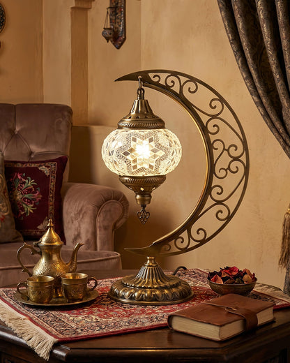 Baquler Turkish Mosaic Moon Lamp - Handmade Stained Glass Table Lamp with Metal Crescent Base, Bohemian Moroccan Bedside Night Light for Bedroom Living Room Decor, Unique Gift(Classic Style)